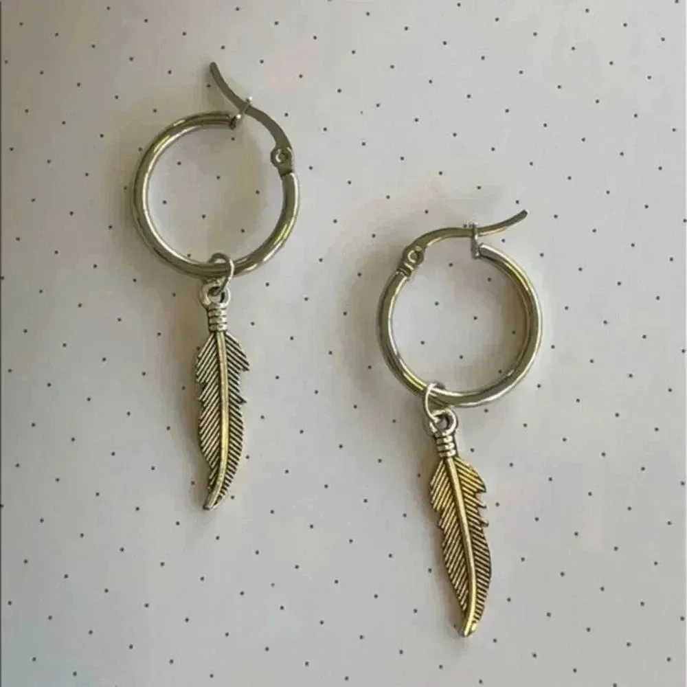 Feather Native Hoop Silver Stud Stainless Steel Earrings NWT New